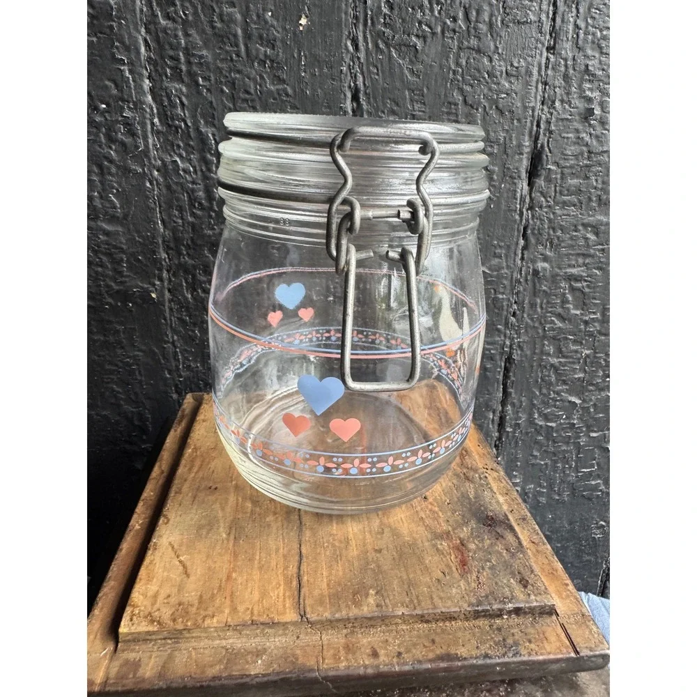 Vintage Arc France Goose Family Glass Canister Wire Bail Jar Hearts 3/4L